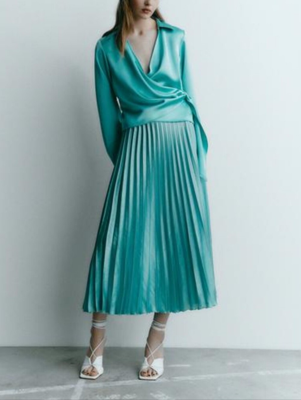 Zara Turquoise Satin Effect Pleated Midi Skirt
